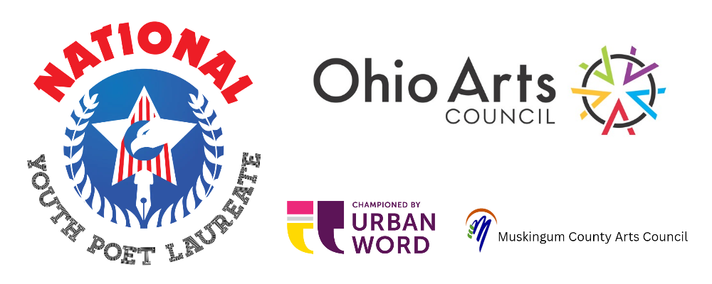 Image of the logos of the sponsors for the Muskingum County Youth Poet Laureate Program, which are National Youth Poet Laureate, (Championed by) Urban Word, and the Ohio Arts Council.